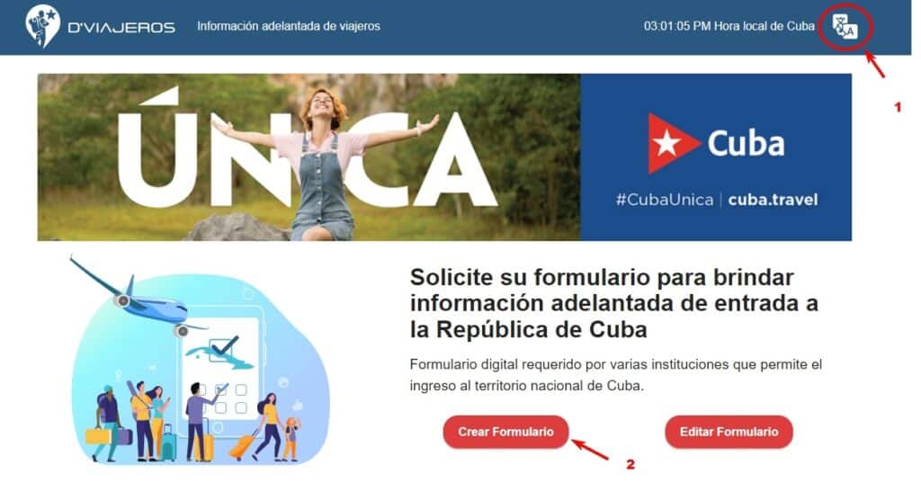 how to change language in the health declaration form to travel to Cuba, from spanish to english